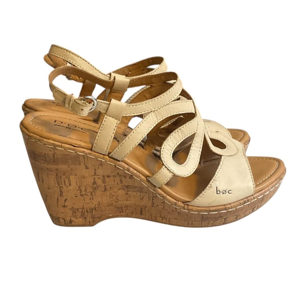 BOC Born Concept Sandals Womens Slingback Cork Wedge Beige Leather Strappy 10M